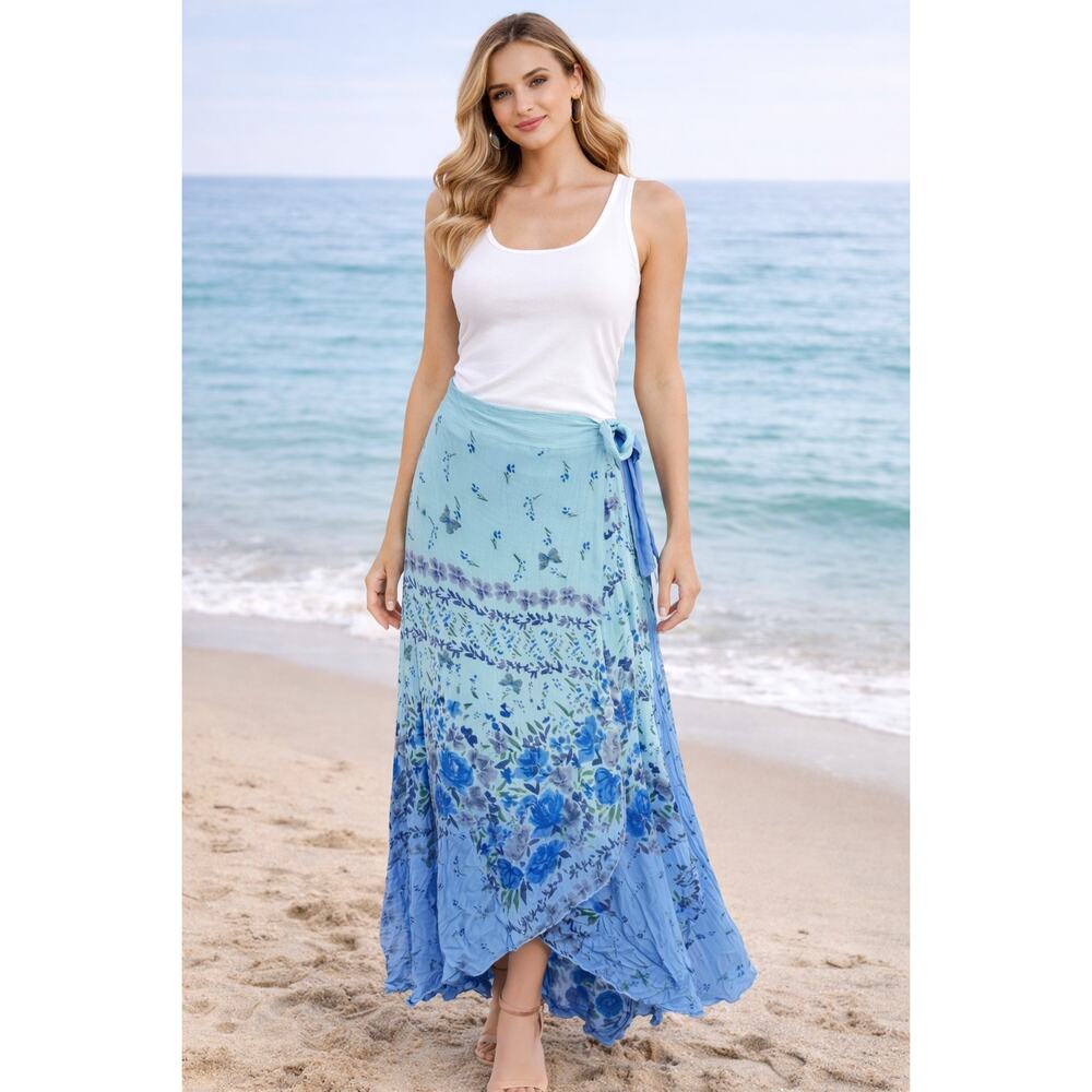 RAGA Blue Floral Wrap Maxi Skirt Boho Beach Resort Size Small - Picture 9 of 9